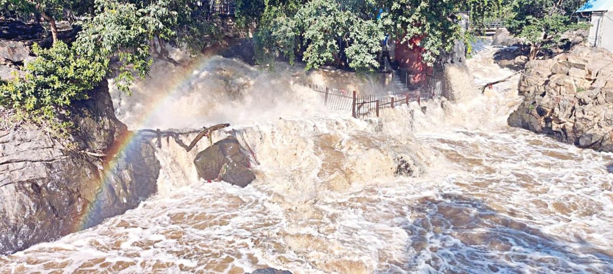 ஒகேனக்கல்லில் நீர்வரத்து 57 ஆயிரம் கனஅடி: அருவியில் குளிக்க, பரிசல் இயக்க தடை அறிவிப்பு  | Water inflow in Hogenakkal is 57 thousand cubic feet