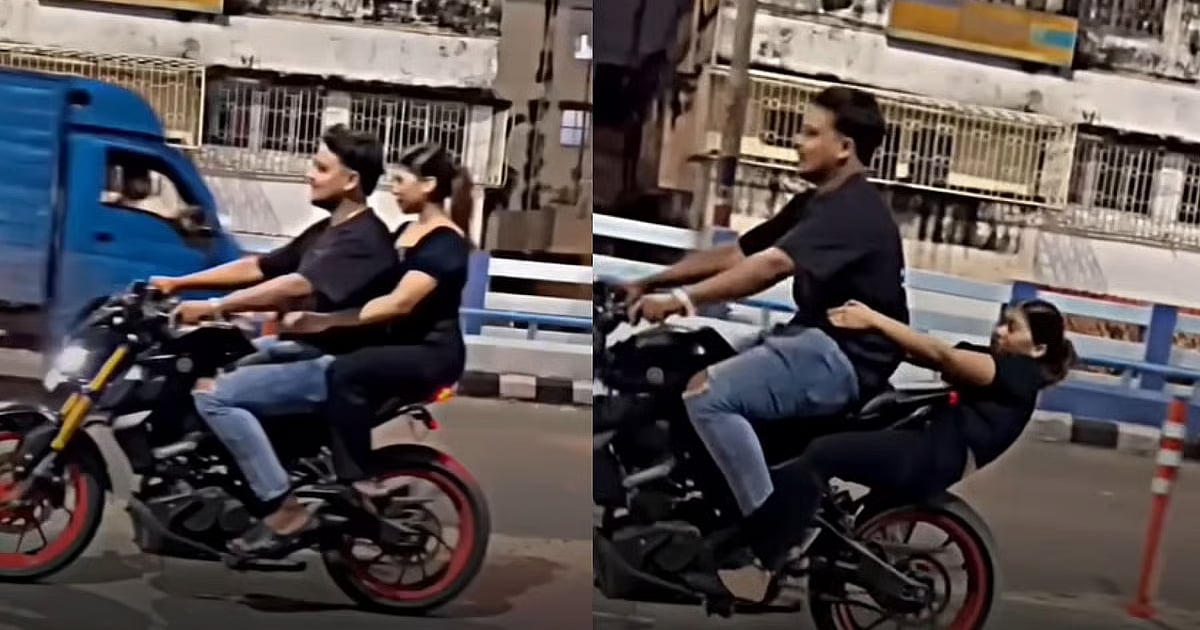 திடீரென வீலிங் செய்த இளைஞர்; நிலைதடுமாறிய பின்னால் அமர்ந்திருந்த பெண்.. விபரீதத்தில் முடிந்த சாகசம்!