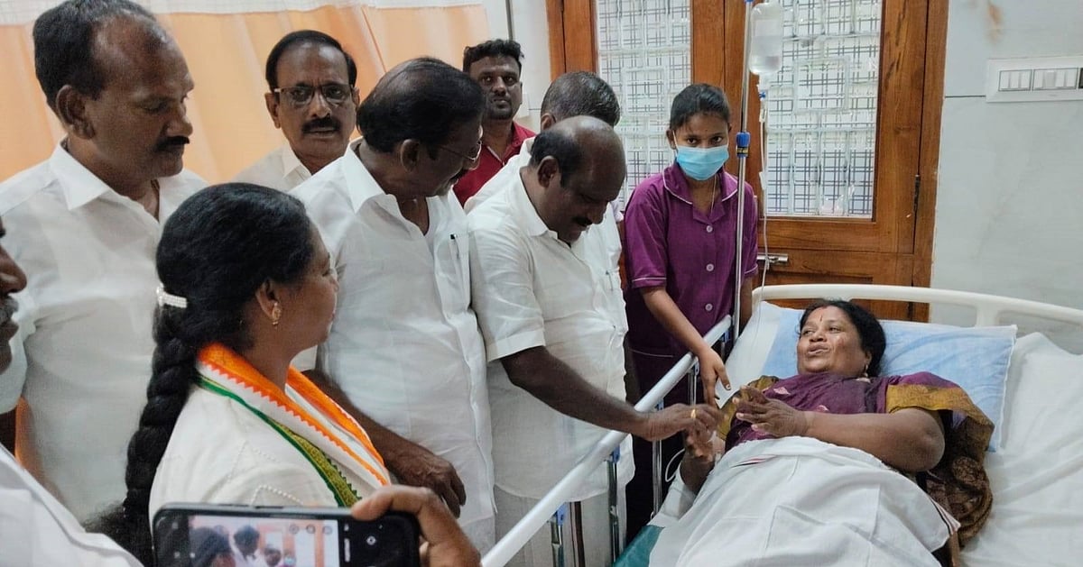 வெயிலில் மயங்கிய அதிமுக வேட்பாளர்; மருத்துவமனையில் நலம் விசாரித்த திமுக வேட்பாளர் கோவி.செழியன்