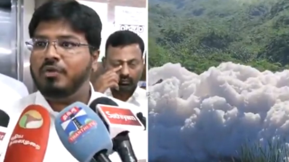 “நொய்யல் ஆற்றில் நுரை வருவதற்கு சோப்பு, ஷாம்பு தான் காரணம்”- சுற்றுச்சூழல் அமைச்சரின் ‘பலே’ விளக்கம் | Noyyal River Foam Controversy: TVK Minister Rajeev’s Remarks on Soaps and Shampoos Spark Debate